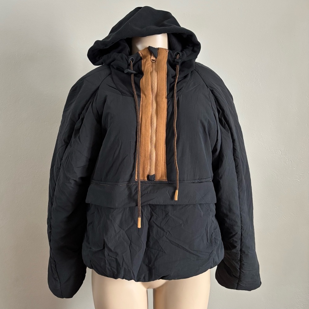 Free People Black Hooded Puffer Jacket with Tan Zip Placket